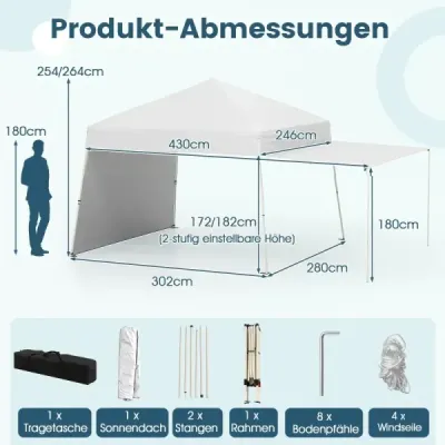 Výklopný altán 430 x 280 cm se 2 bočními stěnami, které lze přeměnit na markýzu, bílý