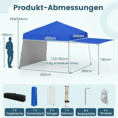 Výsuvný altán 430 x 280 cm se 2 přestavitelnými bočními stěnami pro markýzu v modré barvě