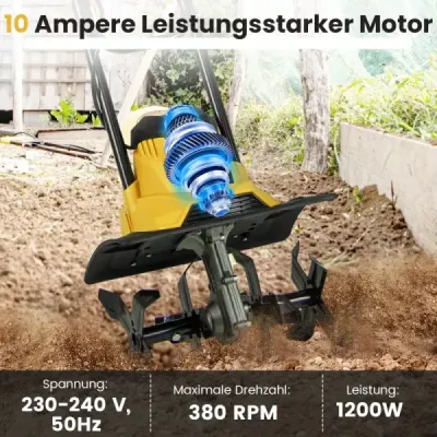 Elektrický kultivátor 1200 W | Pracovní šířka 36 cm | Pracovní hloubka 22 cm | 380 ot./min Elektrický kultivátor s bezpečnostním spínačem a rukojetí 36,5 x 24 x 138 cm Žlutý