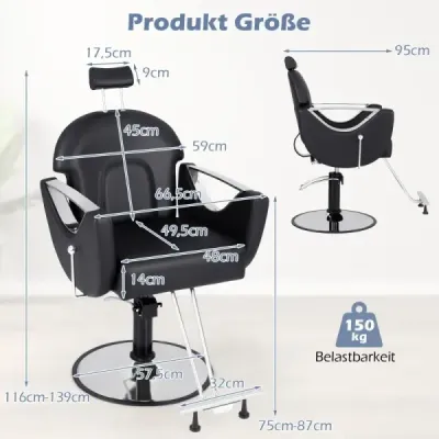 Výškově nastavitelné kadeřnické křeslo s opěrkou hlavy a hydraulickým čerpadlem Kadeřnické křeslo otočné o 360° černé