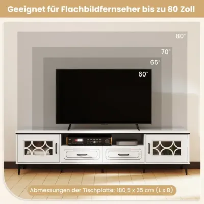 Bambusová nízká TV skříňka pro TV do 80 palců, TV skříňka se 2 zásuvkami a 2 dvířky a přihrádkou, bílá
