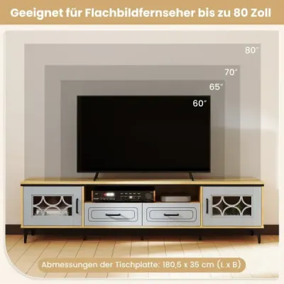 TV stolek z bambusu s nízkým boxem pro televizory do 80 palců, TV stolek se 2 zásuvkami, 2 dvířky a přihrádkou, modrý