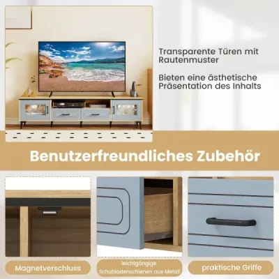 TV stolek z bambusu s nízkým boxem pro televizory do 80 palců, TV stolek se 2 zásuvkami, 2 dvířky a přihrádkou, modrý