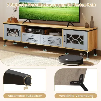 TV stolek z bambusu s nízkým boxem pro televizory do 80 palců, TV stolek se 2 zásuvkami, 2 dvířky a přihrádkou, modrý