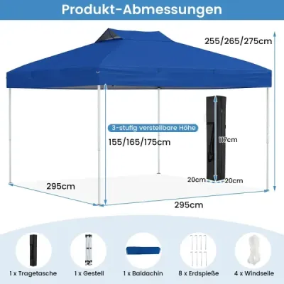Skládací pavilon 3 x 3 m, vodotěsný, UV ochrana 50+, párty stan, skládací stan, zahradní pavilon, modrý