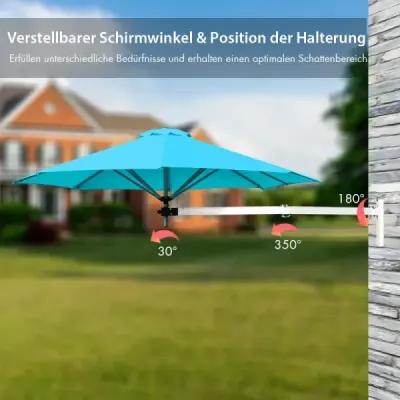Slunečník na zeď, sklopný nástěnný slunečník, balkonový slunečník s nastavitelnou hliníkovou tyčí Ø 250 cm, tyrkysový
