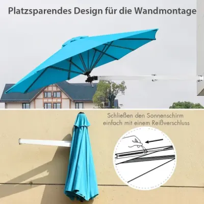 Slunečník na zeď, sklopný nástěnný slunečník, balkonový slunečník s nastavitelnou hliníkovou tyčí Ø 250 cm, tyrkysový