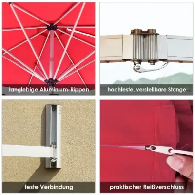 Slunečník na zeď, sklopný nástěnný slunečník, balkonový slunečník s nastavitelnou hliníkovou tyčí Ø 250 cm, červený