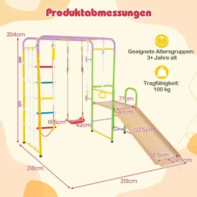 8 v 1 prolézačka: lezecká stěna, hrazdy, žebřík, lano, gymnastický kruh, houpačka, skluzavka a prolézačka