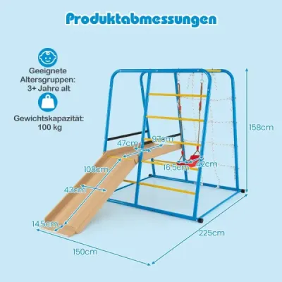 Lezecká věž 6 v 1 s houpačkou a skluzavkou, lezeckou tyčí, lezeckým žebříkem a lanovou stěnou pro děti od 3 let