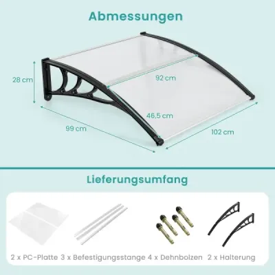 Stříška na vchodové dveře o rozměrech 102 x 99 cm vyrobená z hliníku a polykarbonátu stříbrné barvy