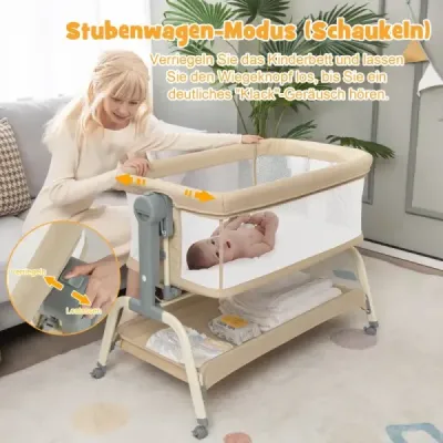 Mobilní dětská postýlka 4 v 1 s moskytiérou a matrací a 6 nastavitelnými výškami, béžová