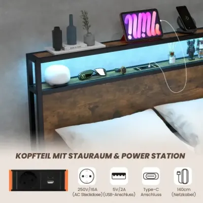 Rám manželské postele s LED platformou a zásuvkami, tichý rám postele, rustikálně hnědá