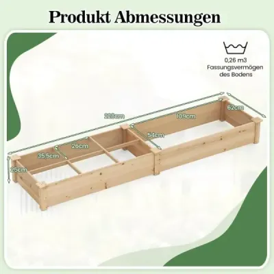 Vyvýšený dřevěný zahradní záhon se 2 truhlíky a přepážkami 228 x 62 x 25 cm Přírodní