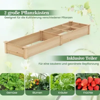 Vyvýšený dřevěný zahradní záhon se 2 truhlíky a přepážkami 228 x 62 x 25 cm Přírodní