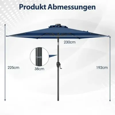 Slunečník 230 cm s LED solárním osvětlením a klikou zahradní deštník market deštník tmavě modrá