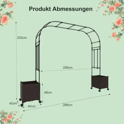 Zahradní oblouková mříž se 2 truhlíky na květináče Venkovní pergola mříž kovový dekorativní oblouk