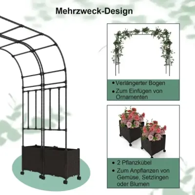 Zahradní oblouková mříž se 2 truhlíky na květináče Venkovní pergola mříž kovový dekorativní oblouk