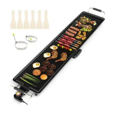 Gril Teppanyaki 1800W Elektrická grilovací deska s nepřilnavým povrchem, nastavitelným termostatem teploty a odkapávací miskou na tuk 100 cm