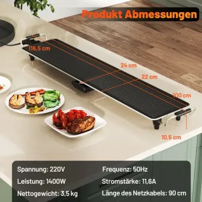 Gril Teppanyaki 1800W Elektrická grilovací deska s nepřilnavým povrchem, nastavitelným termostatem teploty a odkapávací miskou na tuk 100 cm