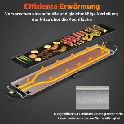 Gril Teppanyaki 1800W Elektrická grilovací deska s nepřilnavým povrchem, nastavitelným termostatem teploty a odkapávací miskou na tuk 100 cm