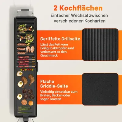 Gril Teppanyaki 1800W Elektrická grilovací deska s nepřilnavým povrchem, nastavitelným termostatem teploty a odkapávací miskou na tuk 100 cm