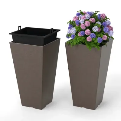 Sada 2 květináčů s vnitřním květináčem, odolné vůči povětrnostním vlivům, s drenážními otvory, hnědá