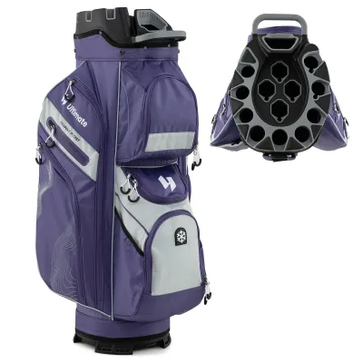 Golfová taška se 14 přihrádkami, popruhem na přenášení, pláštěnkou a 11 kapsami. Lehký golfový vak fialové barvy.