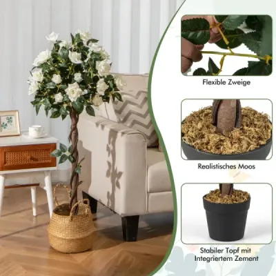 120 cm stromek růží s bílými růžemi Umělý stromek s květy Umělý květinový stromek