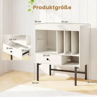 Moderní stojan na gramofonové desky s držáky na desky a boční skříňkou se zásuvkou bílý