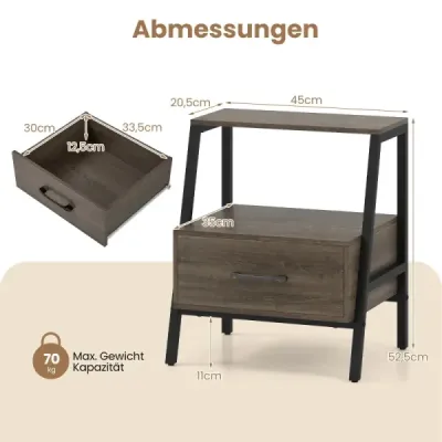 Noční stolek se zásuvkou Noční stolek s otevřenou policí a kovovým rámem Pohovka Noční komoda do obývacího pokoje 45 x 35 x 52,5 cm