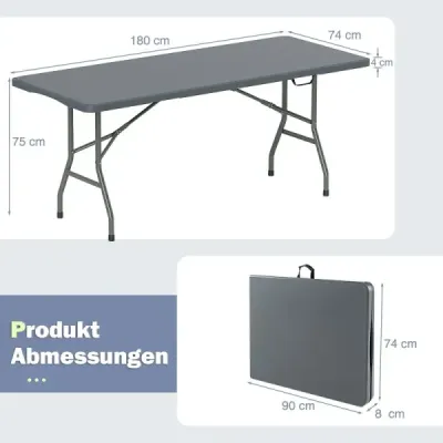Zahradní stůl 180 x 74 cm Skládací kempingový stůl Skládací stůl s deskou z HDPE a držadlem na přenášení Šedá barva