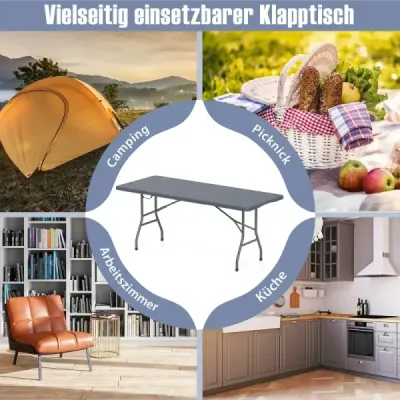 Zahradní stůl 180 x 74 cm Skládací kempingový stůl Skládací stůl s deskou z HDPE a držadlem na přenášení Šedá barva