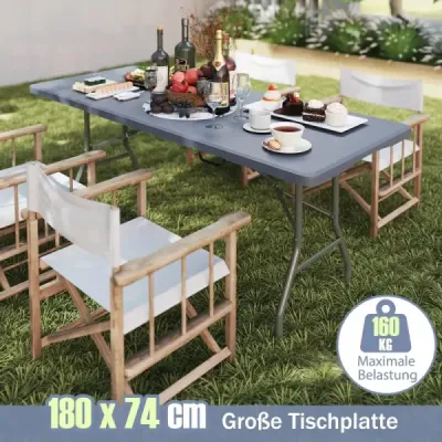 Zahradní stůl 180 x 74 cm Skládací kempingový stůl Skládací stůl s deskou z HDPE a držadlem na přenášení Šedá barva