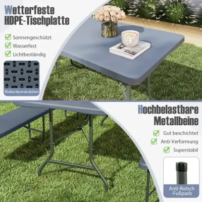Zahradní stůl 180 x 74 cm Skládací kempingový stůl Skládací stůl s deskou z HDPE a držadlem na přenášení Šedá barva