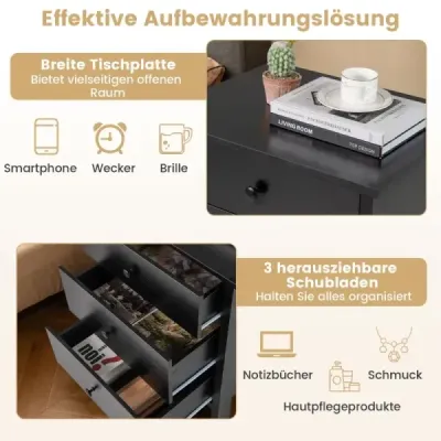 Noční skříňka se 3 zásuvkami Noční skříňka k posteli se skříňovou pružinou 56 x 45 x 66 cm černá