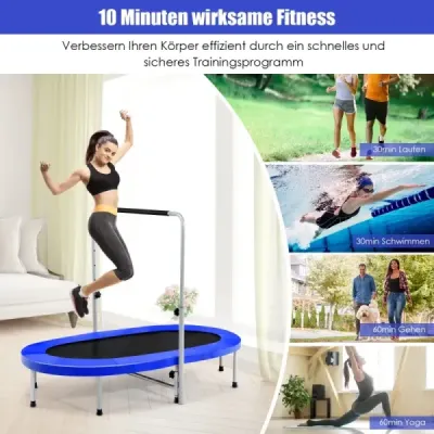Trampolína pro 2 osoby s výškově nastavitelnou rukojetí mini trampolína 154 x 90 x 92 -132 cm modrá
