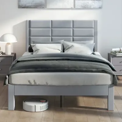 Rám postele pro matraci 200 x 140 cm, čalouněný sametovou látkou, rám postele s platformou, šedá