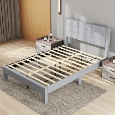 Rám postele pro matraci 200 x 140 cm, čalouněný sametovou látkou, rám postele s platformou, šedá