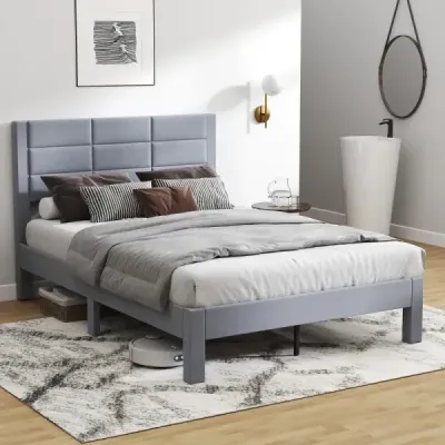 Rám postele pro matraci 200 x 140 cm, čalouněný sametovou látkou, rám postele s platformou, šedá