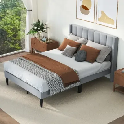 Čalouněný rám manželské postele pro postel s plošinou pro matraci 200 x 140 cm s čelem, šedý rám postele