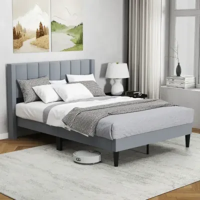 Čalouněný rám manželské postele pro postel s plošinou pro matraci 200 x 140 cm s čelem, šedý rám postele