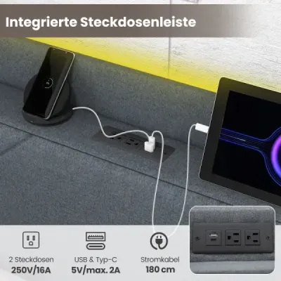 Rám manželské postele včetně LED osvětlení Čalouněná postel s nabíjecí stanicí 2 úložné vaky a 4 zásuvky Šedá (200 x 140 cm)