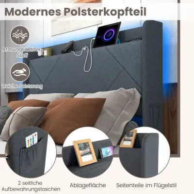 Rám manželské postele včetně LED osvětlení Čalouněná postel s nabíjecí stanicí 2 úložné vaky a 4 zásuvky Šedá (200 x 140 cm)