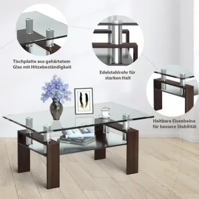 Skleněný konferenční stolek Stolek do obývacího pokoje se spodní policí Rozkládací stolek 99,5 x 59,5 x 44,5 cm Hnědý