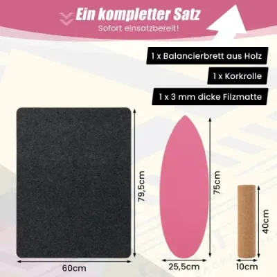 Dřevěná balanční deska Balance trainer Trickboard pro domácí použití včetně korkového válečku Hot Pink