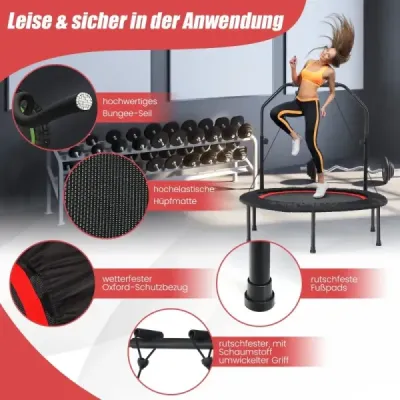 φ101cm Fitmess trampolína Mini trampolína s výškově nastavitelným madlem a 2 odporovými pásy Červená barva