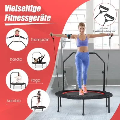 φ101cm Fitmess trampolína Mini trampolína s výškově nastavitelným madlem a 2 odporovými pásy Červená barva