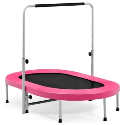 Trampolína pro 2 osoby s výškově nastavitelnou rukojetí Mini trampolína 154 x 90 x 92 -132 cm Růžová