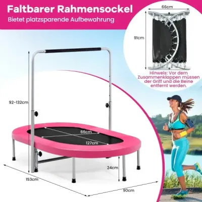 Trampolína pro 2 osoby s výškově nastavitelnou rukojetí Mini trampolína 154 x 90 x 92 -132 cm Růžová